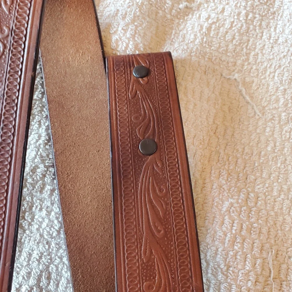 Vintage Brown Floral Embossed Leather Belt Strap Unisex Western No Buckle 39in
